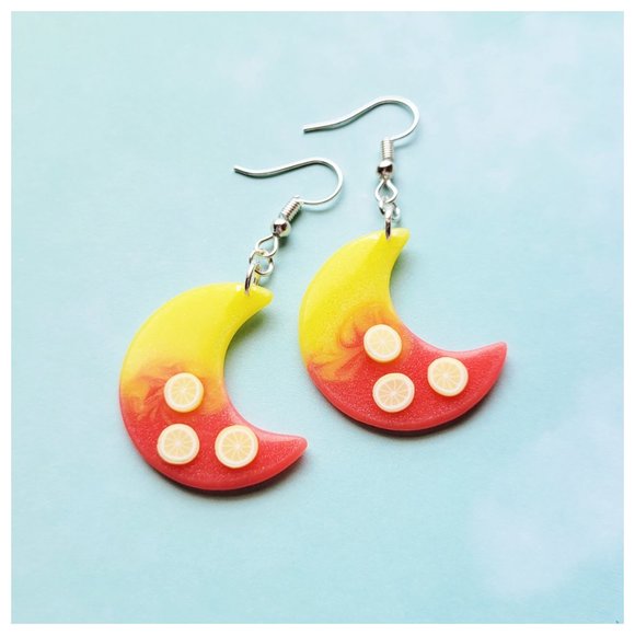 Strawberry Lemonade Earrings Yellow and Pinkish Red Moon Lemon Dangle Earrings - Picture 1 of 10
